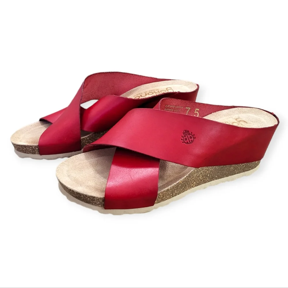 Yokono Red Leather Wedge Cork Sandals 7.5